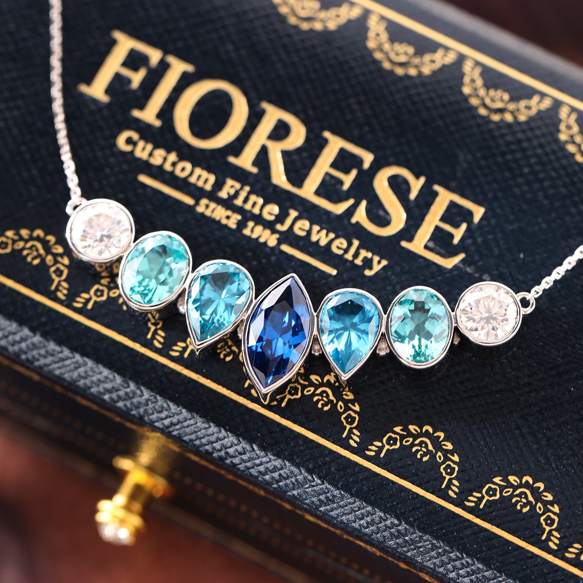 14K White Gold Fancy Shape Gems Bezel Pendant Necklace