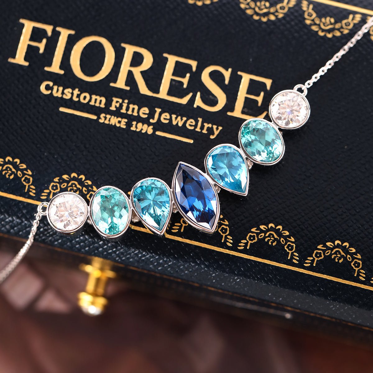 14K White Gold Fancy Shape Gems Bezel Pendant Necklace