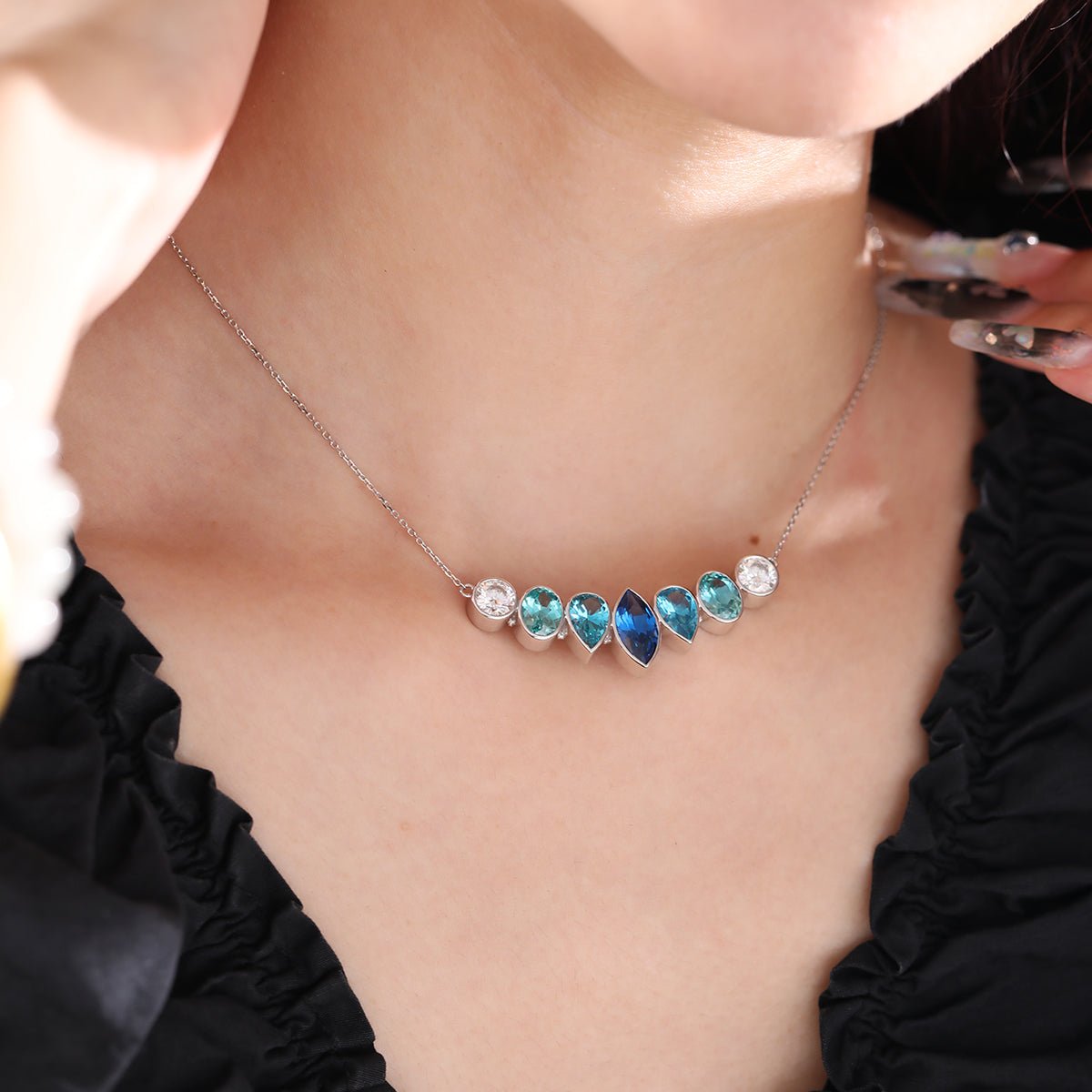 14K White Gold Fancy Shape Gems Bezel Pendant Necklace - FIORESE JEWELRY