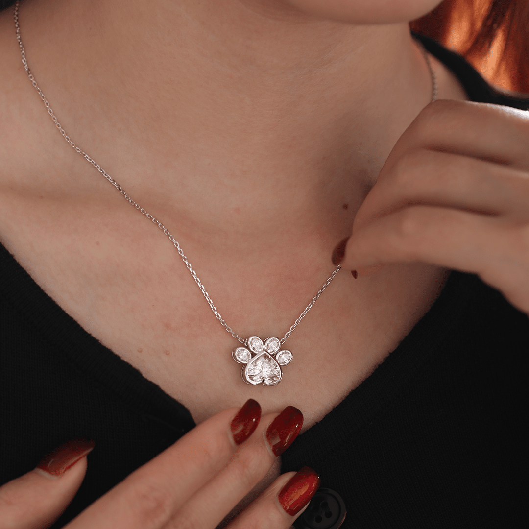 14K White Gold Heart Shaped and Oval Lab diamond Bella Paw Bezel Pendant Necklace - FIORESE JEWELRY