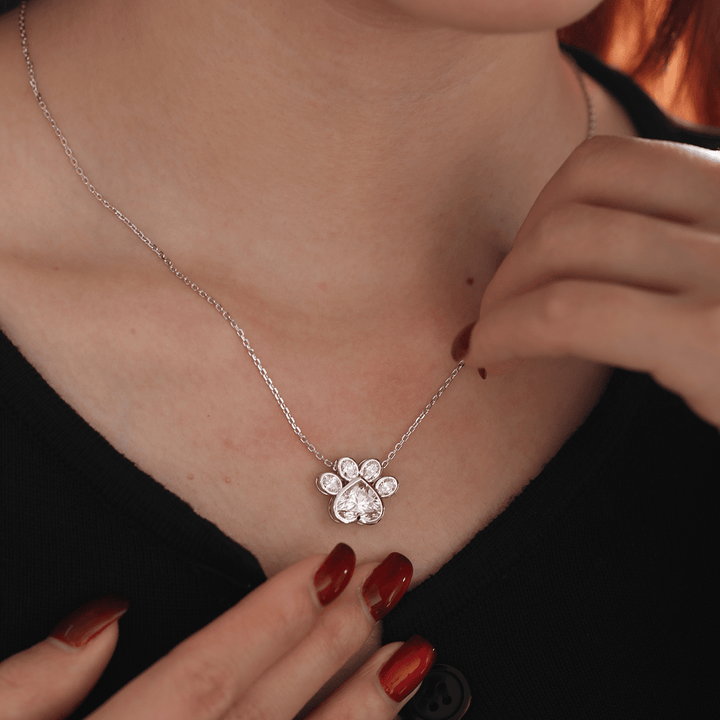 14K White Gold Heart Shaped and Oval Lab diamond Bella Paw Bezel Pendant Necklace - FIORESE JEWELRY