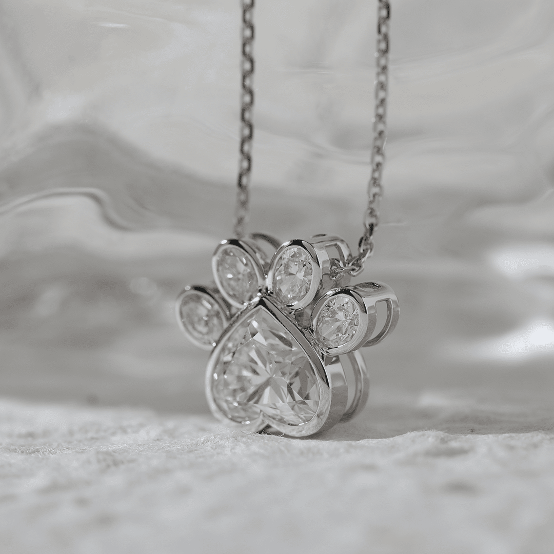 14K White Gold Heart Shaped and Oval Lab diamond Bella Paw Bezel Pendant Necklace - FIORESE JEWELRY