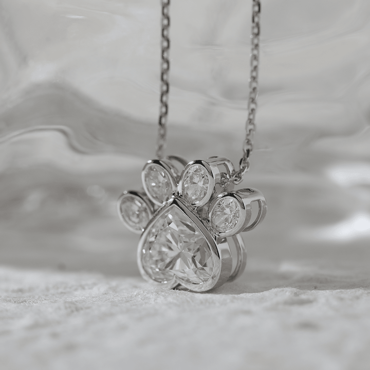14K White Gold Heart Shaped and Oval Lab diamond Bella Paw Bezel Pendant Necklace - FIORESE JEWELRY