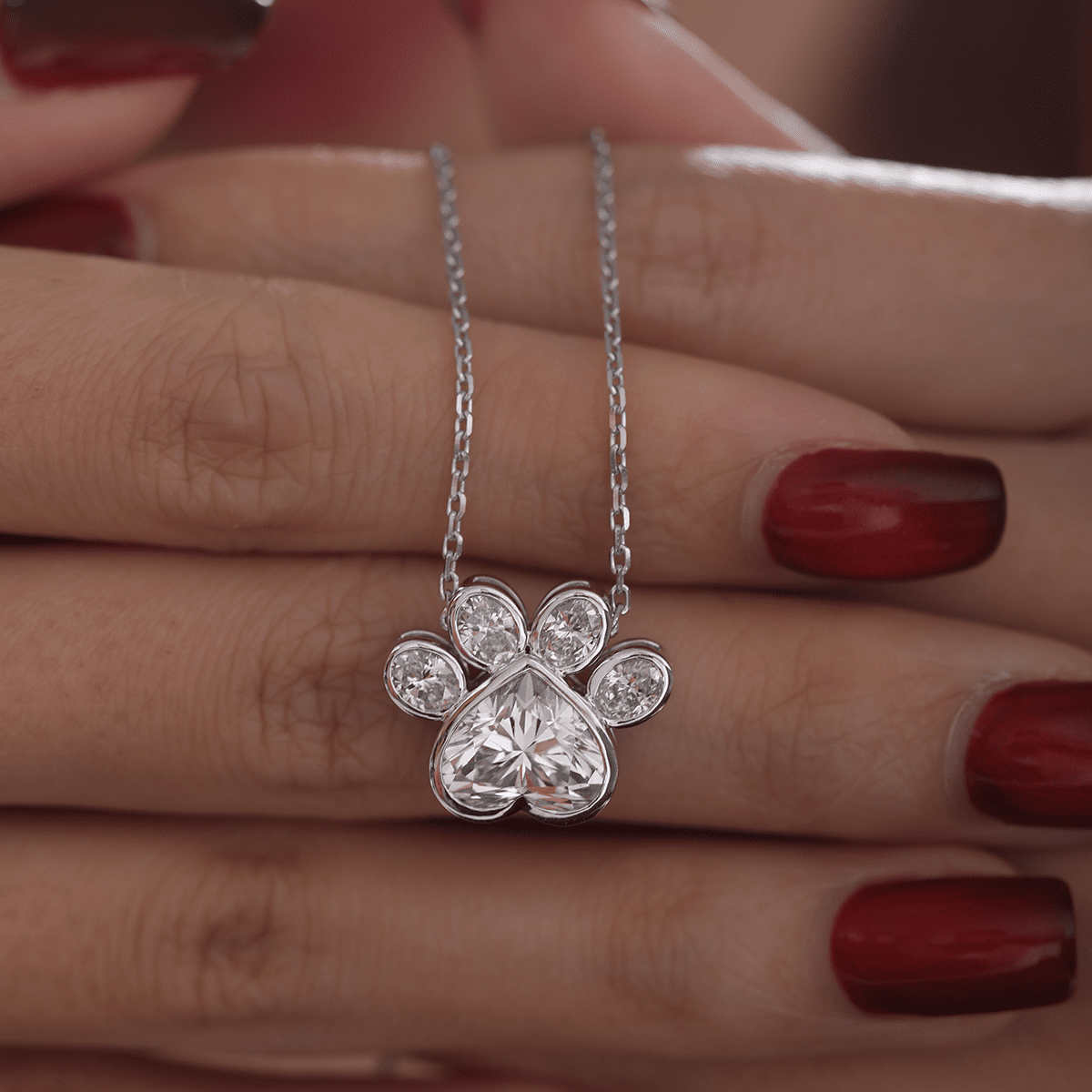 14K White Gold Heart Shaped and Oval Lab diamond Bella Paw Bezel Pendant Necklace