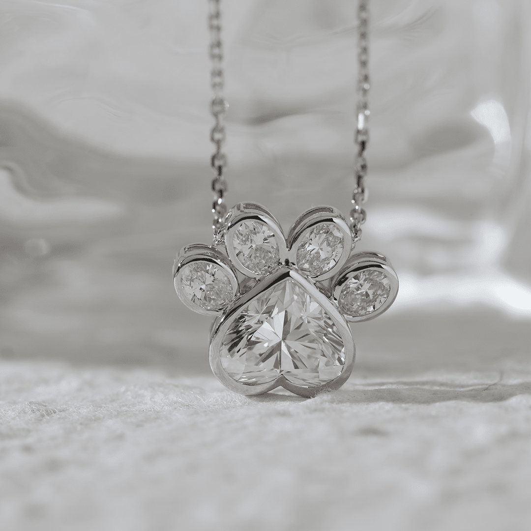 14K White Gold Heart Shaped and Oval Lab diamond Bella Paw Bezel Pendant Necklace - FIORESE JEWELRY