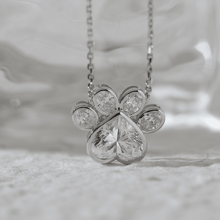 14K White Gold Heart Shaped and Oval Lab diamond Bella Paw Bezel Pendant Necklace - FIORESE JEWELRY