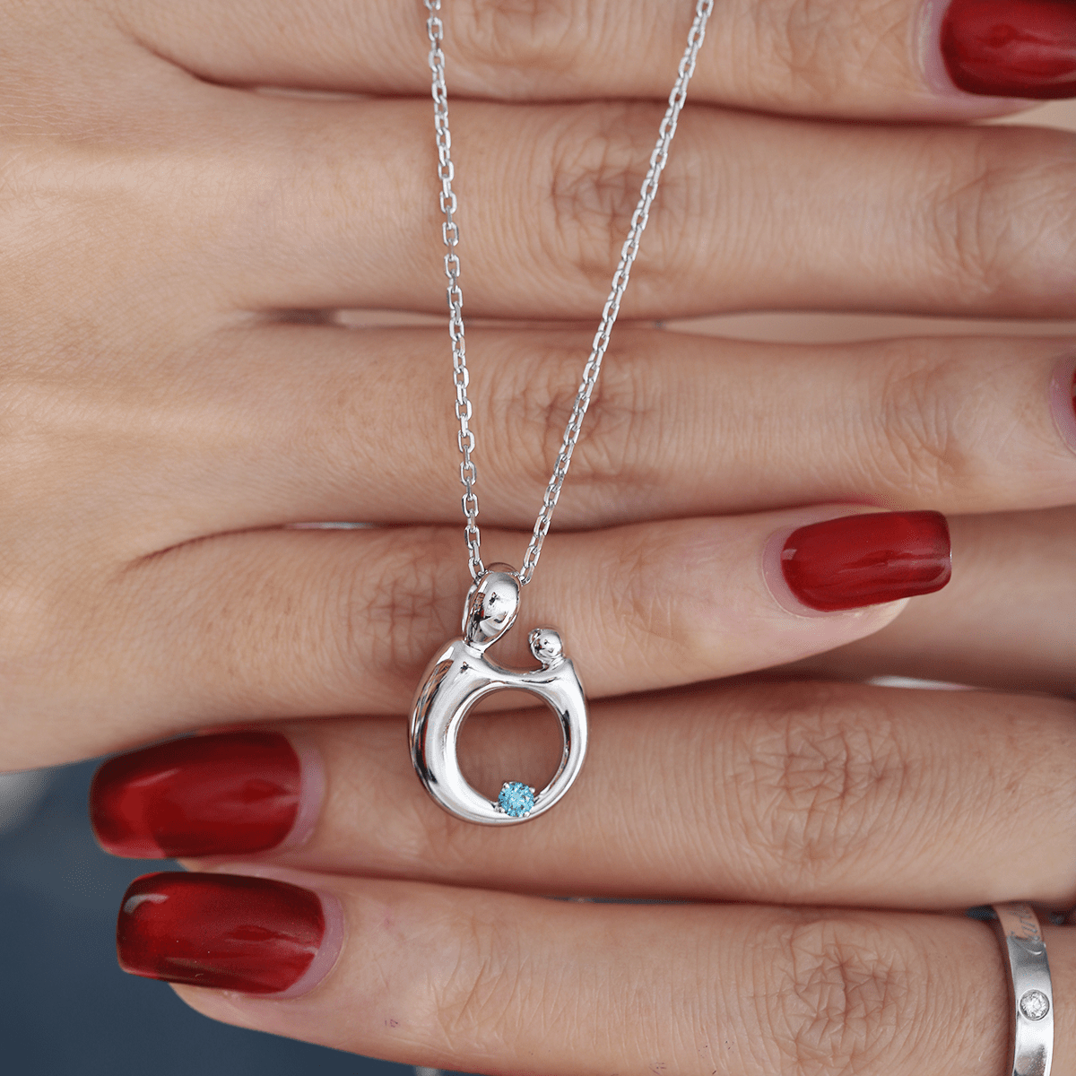 14K White Gold Mother and Child Pendant Necklace with Blue Round Lab Diamond