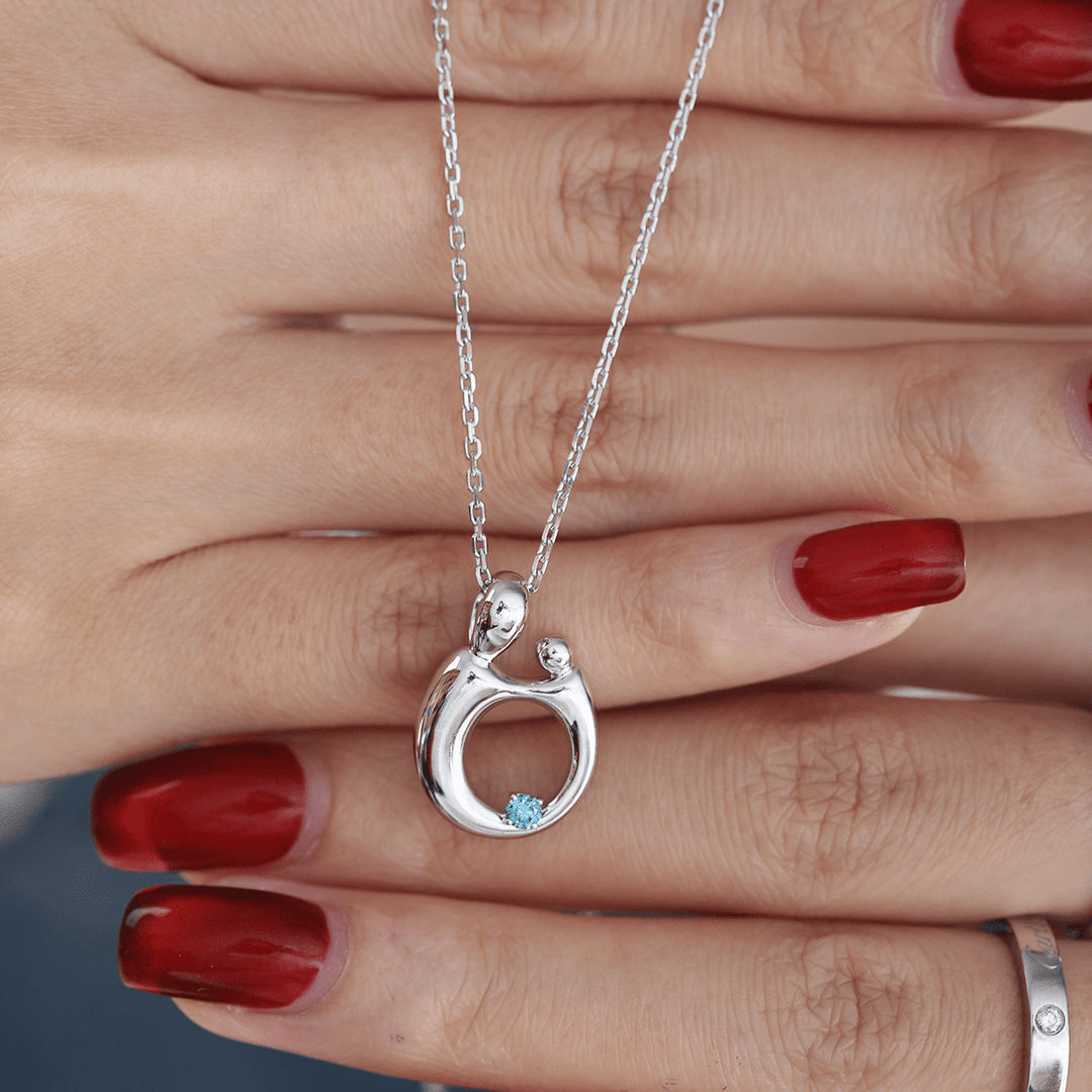 14K White Gold Mother and Child Pendant Necklace with Blue Round Lab Diamond - FIORESE JEWELRY