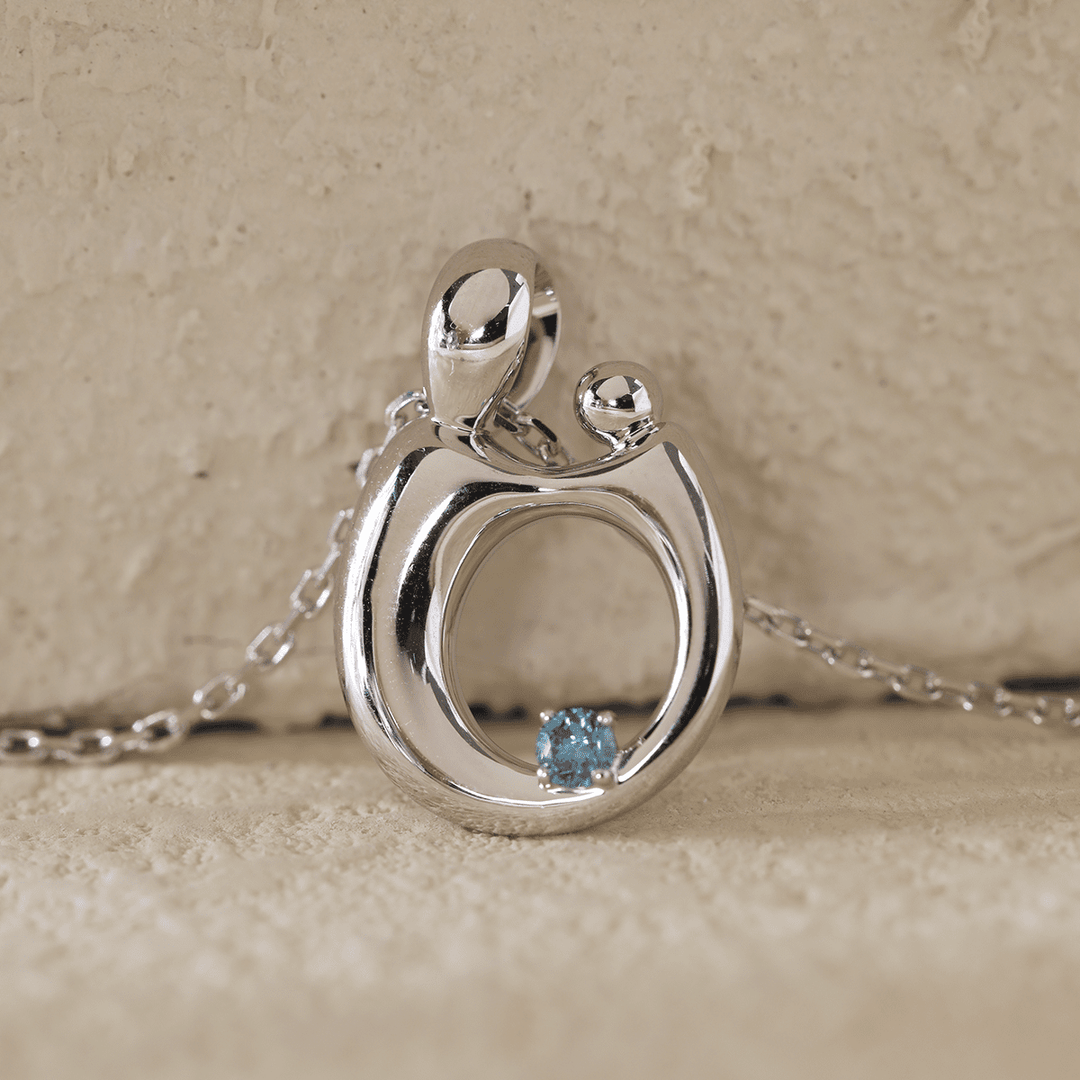 14K White Gold Mother and Child Pendant Necklace with Blue Round Lab Diamond - FIORESE JEWELRY