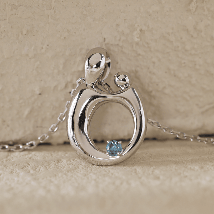 14K White Gold Mother and Child Pendant Necklace with Blue Round Lab Diamond - FIORESE JEWELRY