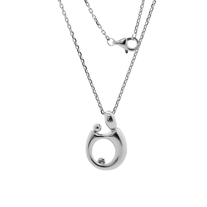14K White Gold Mother and Child Pendant Necklace with Blue Round Lab Diamond - FIORESE JEWELRY