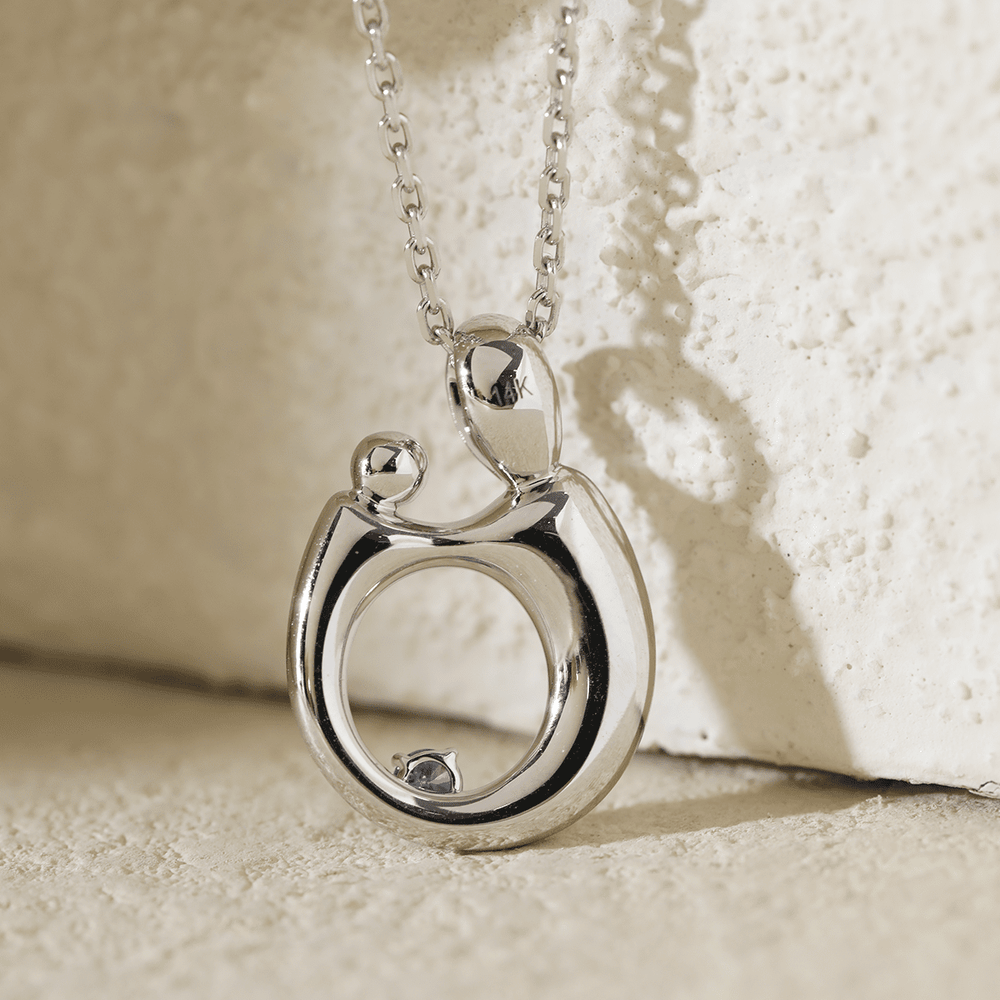 14K White Gold Mother and Child Pendant Necklace with Blue Round Lab Diamond - FIORESE JEWELRY