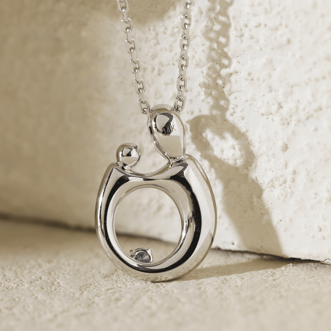 14K White Gold Mother and Child Pendant Necklace with Blue Round Lab Diamond - FIORESE JEWELRY
