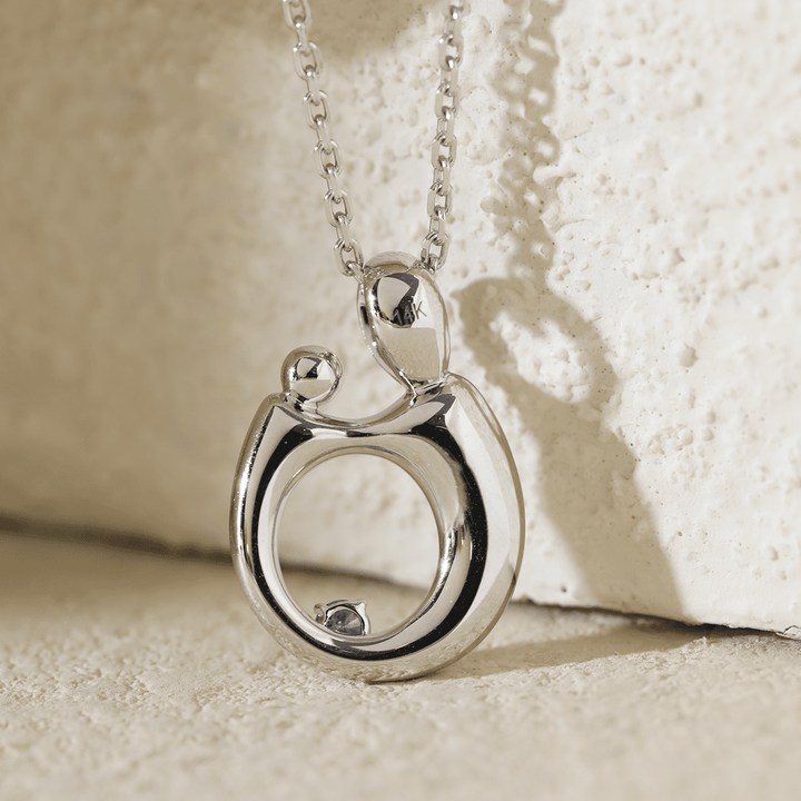 14K White Gold Mother and Child Pendant Necklace with Blue Round Lab Diamond - FIORESE JEWELRY