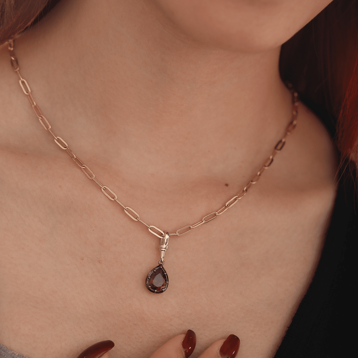 14K White Gold Necklace with 3ct Pear Shaped Lab Diamond Pendant in Black Rhodium Plated Bezel Setting