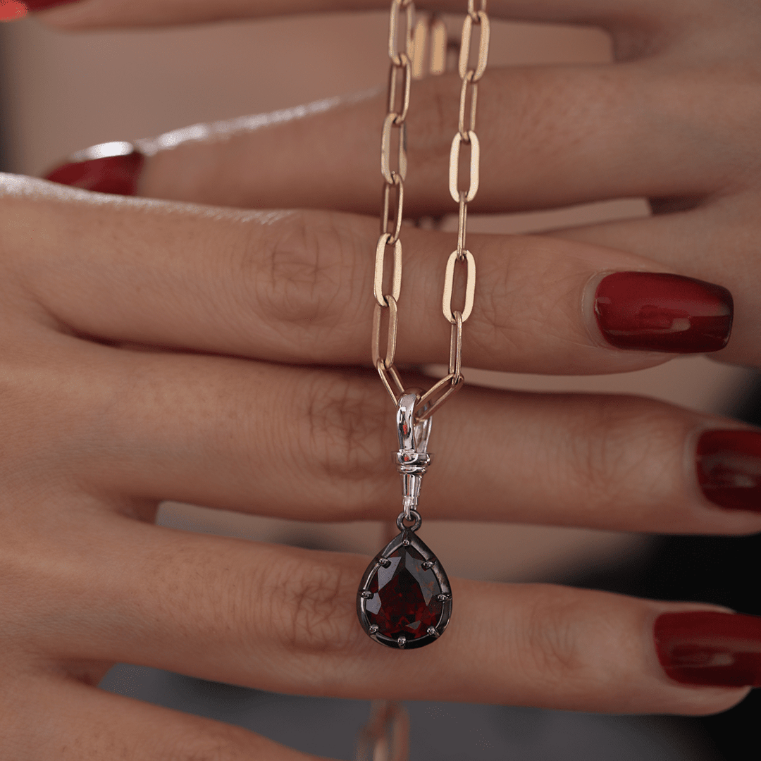 14K White Gold Necklace with 3ct Pear Shaped Lab Diamond Pendant in Black Rhodium Plated Bezel Setting - FIORESE JEWELRY