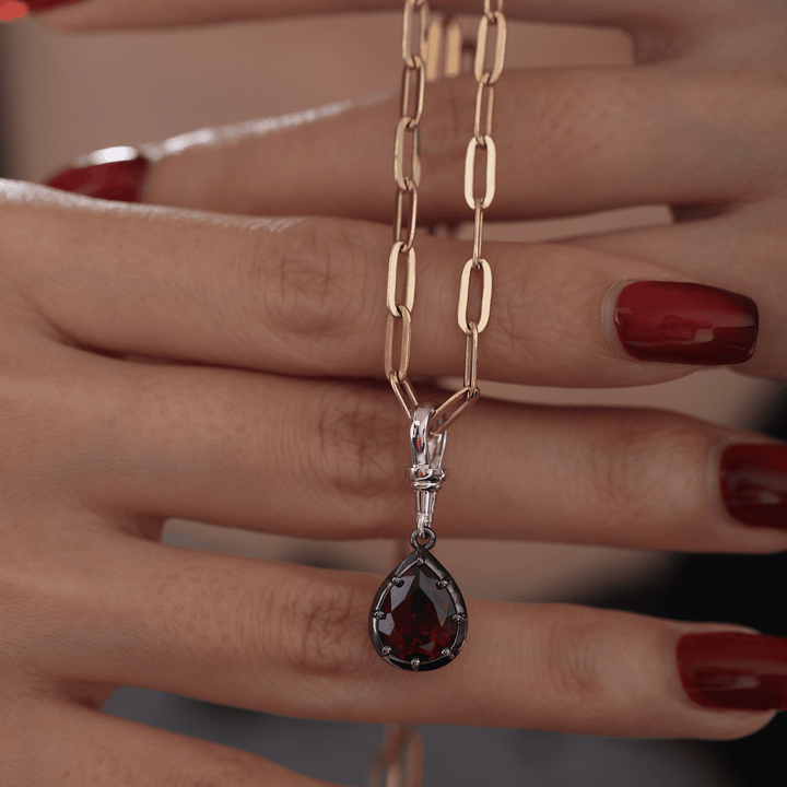 14K White Gold Necklace with 3ct Pear Shaped Lab Diamond Pendant in Black Rhodium Plated Bezel Setting - FIORESE JEWELRY