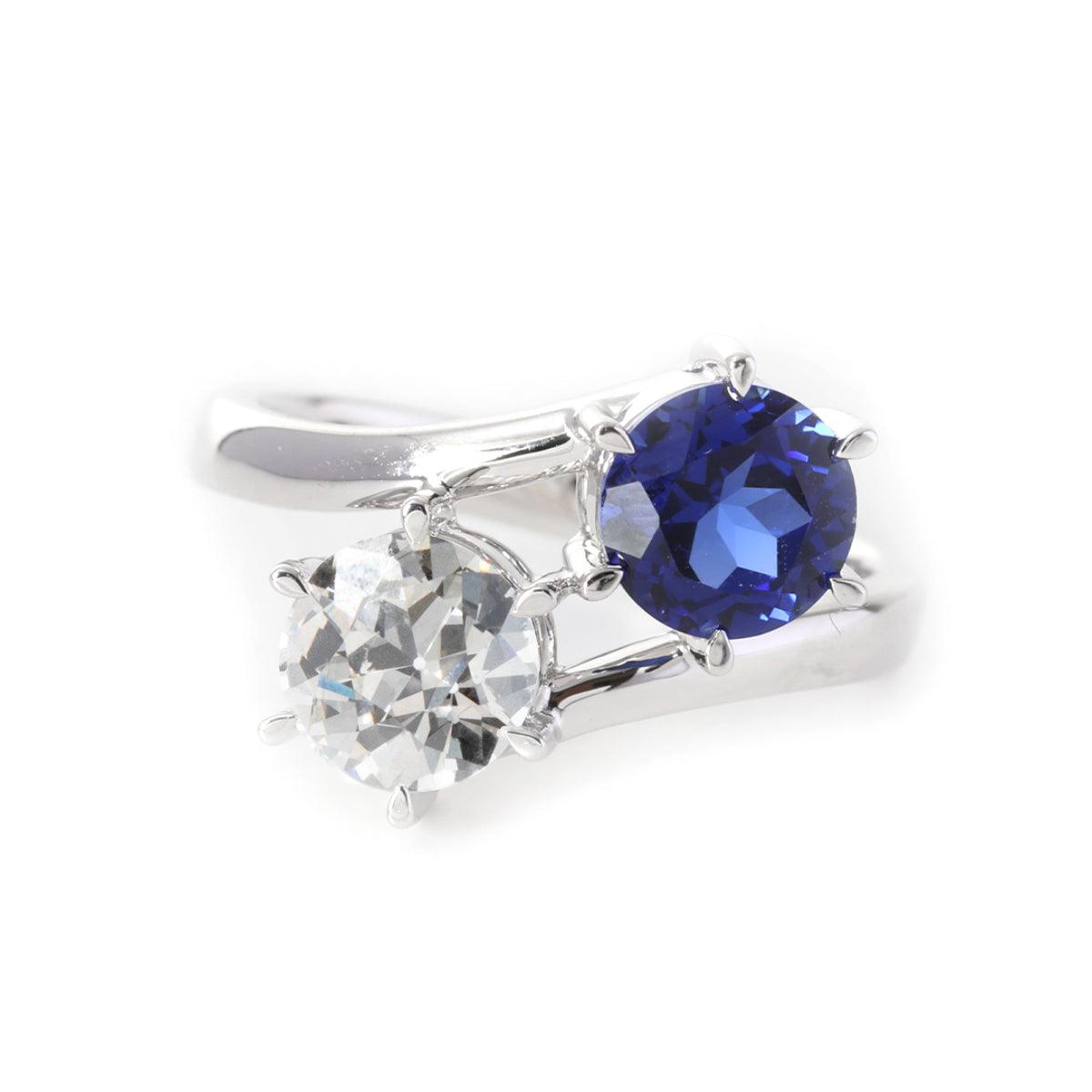 14K White Gold Old European Cut Lab Diamond & Lab Sapphire Toi et Moi Ring - FIORESE JEWELRY