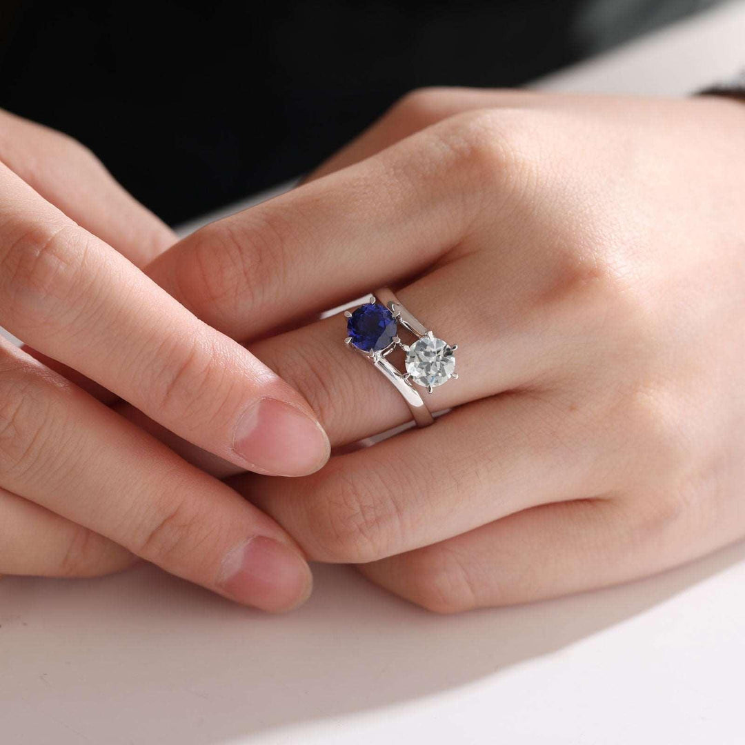 14K White Gold Old European Cut Lab Diamond &amp; Lab Sapphire Toi et Moi Ring - FIORESE JEWELRY