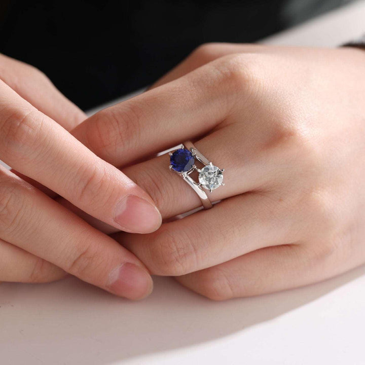14K White Gold Old European Cut Lab Diamond &amp; Lab Sapphire Toi et Moi Ring - FIORESE JEWELRY