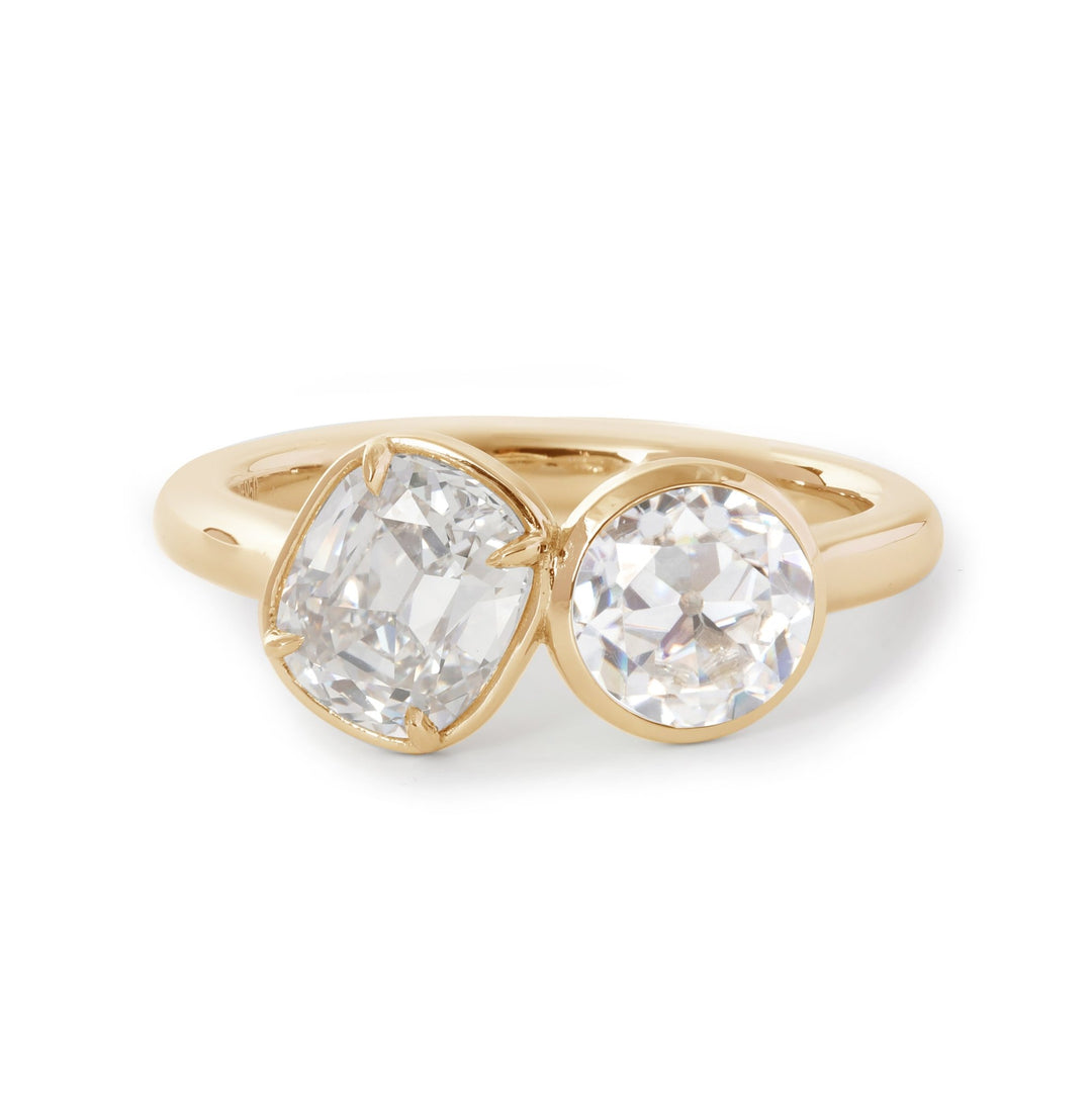 14K White Gold Old Mine Cut and Old Europen Cut Lab Diamond Toi et Moi Ring - FIORESE JEWELRY