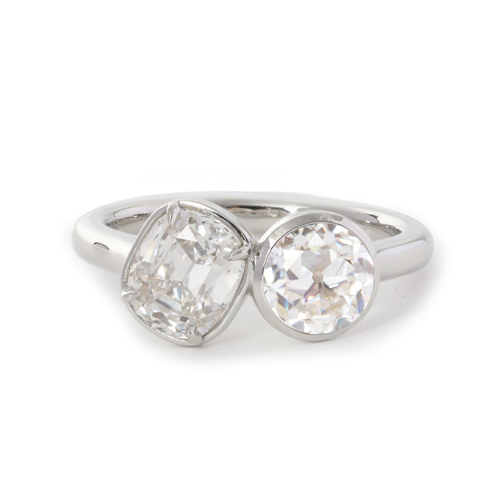 14K White Gold Old Mine Cut and Old Europen Cut Lab Diamond Toi et Moi Ring - FIORESE JEWELRY