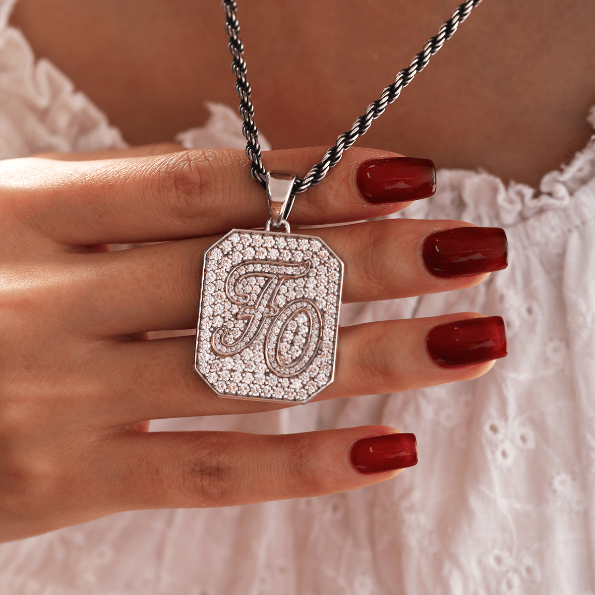 14K White Gold Palm Pendant Necklace with Round Lab Diamond Pave