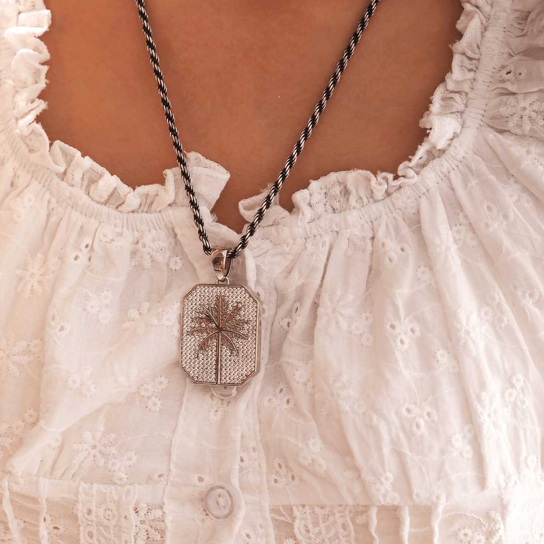 14K White Gold Palm Pendant Necklace with Round Lab Diamond Pave - FIORESE JEWELRY