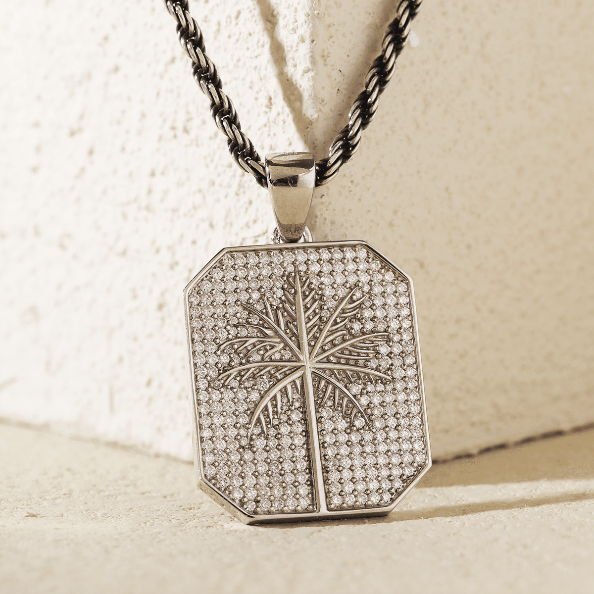 14K White Gold Palm Pendant Necklace with Round Lab Diamond Pave
