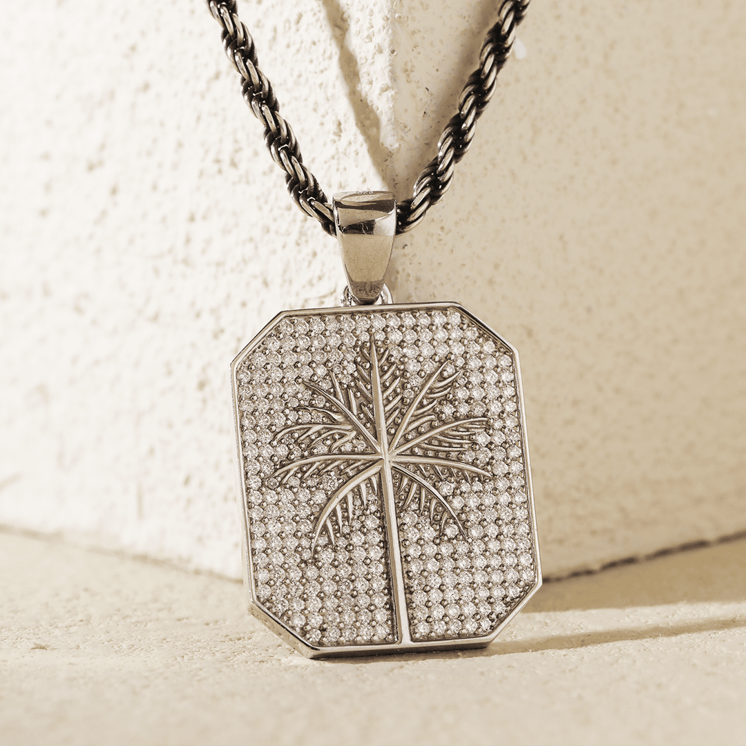 14K White Gold Palm Pendant Necklace with Round Lab Diamond Pave - FIORESE JEWELRY