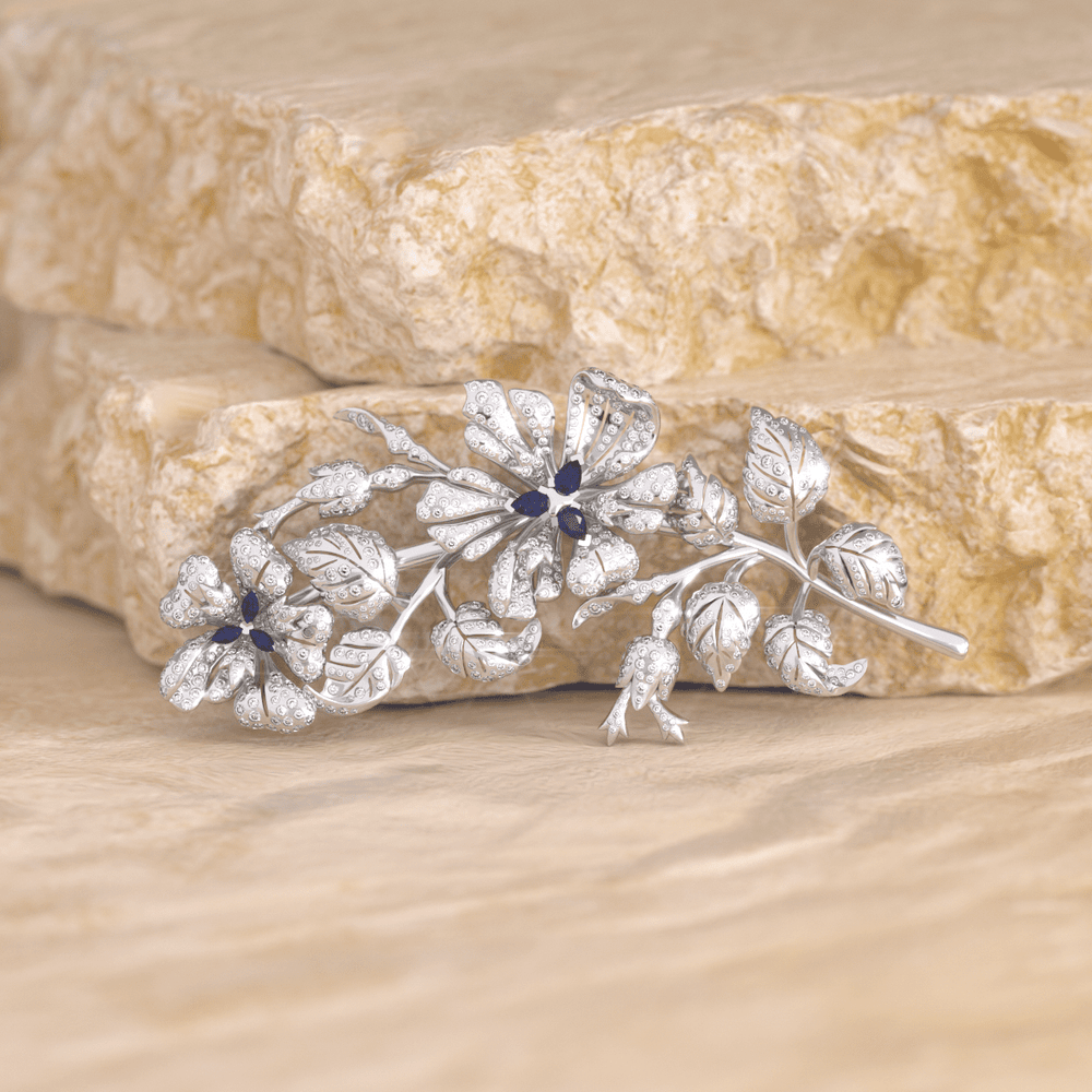 14K White Gold Pear and Maequise Lab Sapphire and Round Lab Diamond Floral Brooch - FIORESE JEWELRY