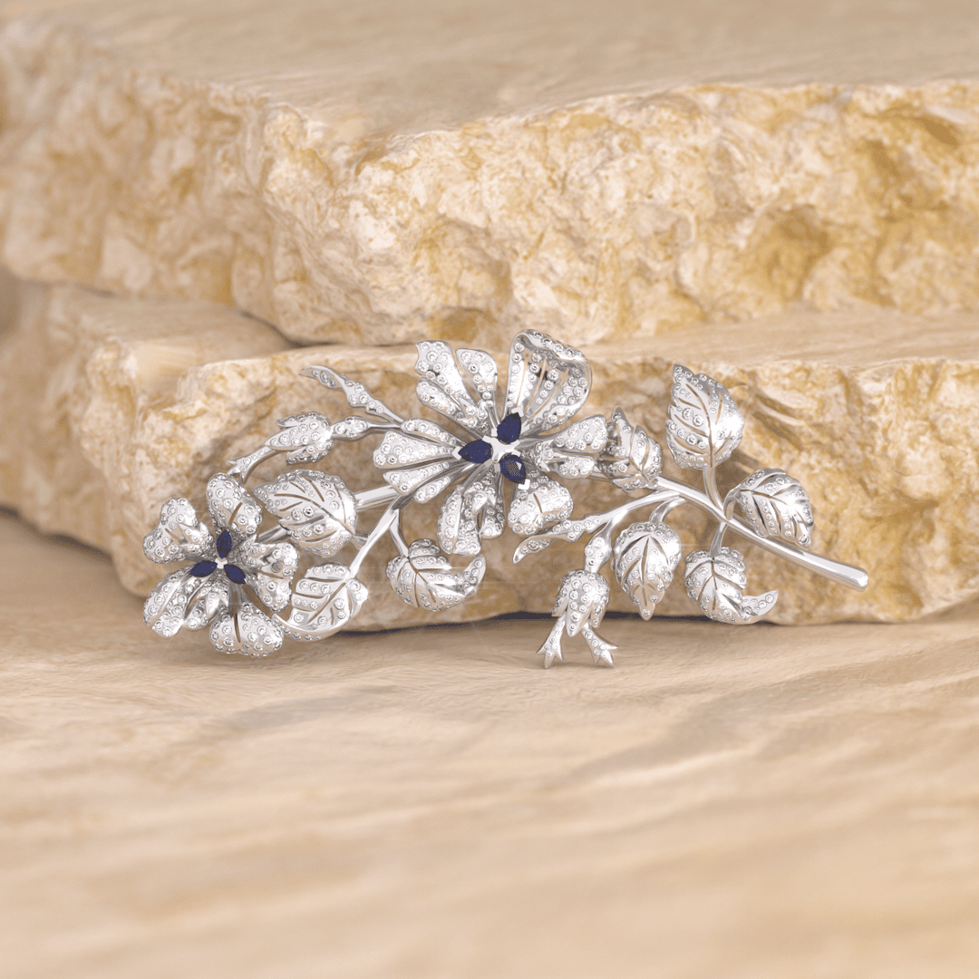 14K White Gold Pear and Maequise Lab Sapphire and Round Lab Diamond Floral Brooch - FIORESE JEWELRY