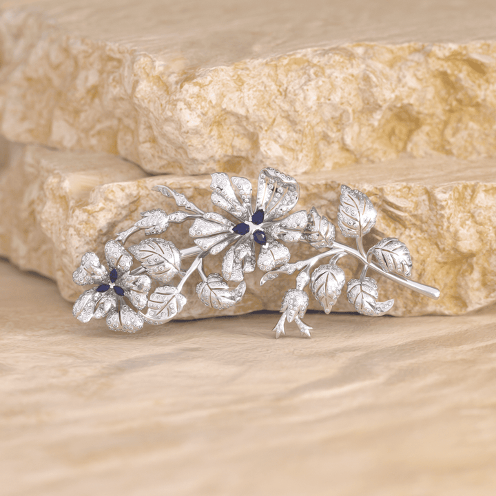 14K White Gold Pear and Maequise Lab Sapphire and Round Lab Diamond Floral Brooch - FIORESE JEWELRY