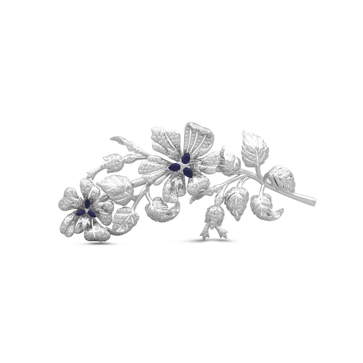 14K White Gold Pear and Maequise Lab Sapphire and Round Lab Diamond Floral Brooch - FIORESE JEWELRY
