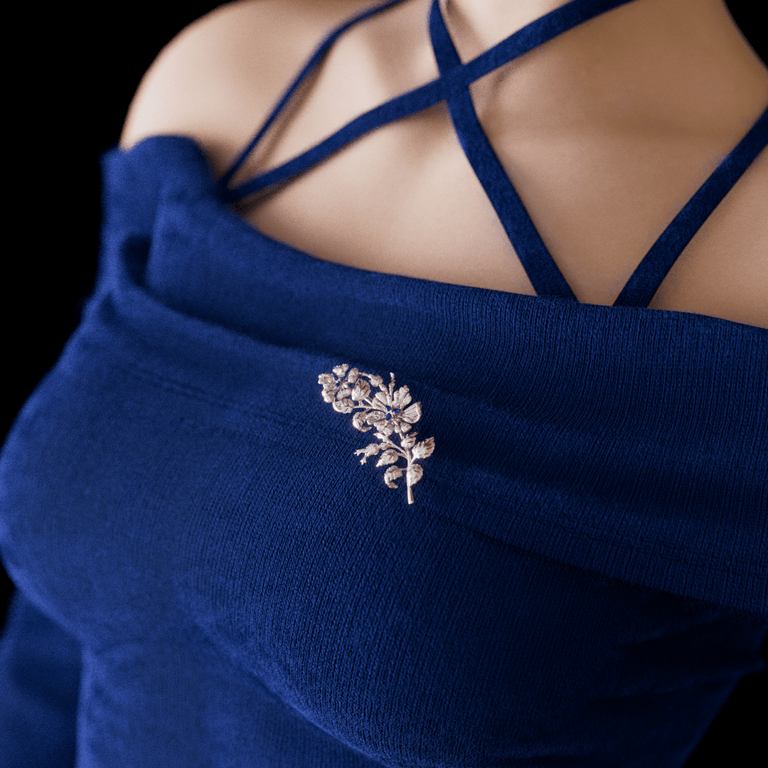14K White Gold Pear and Maequise Lab Sapphire and Round Lab Diamond Floral Brooch - FIORESE JEWELRY