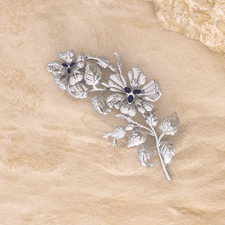 14K White Gold Pear and Maequise Lab Sapphire and Round Lab Diamond Floral Brooch - FIORESE JEWELRY