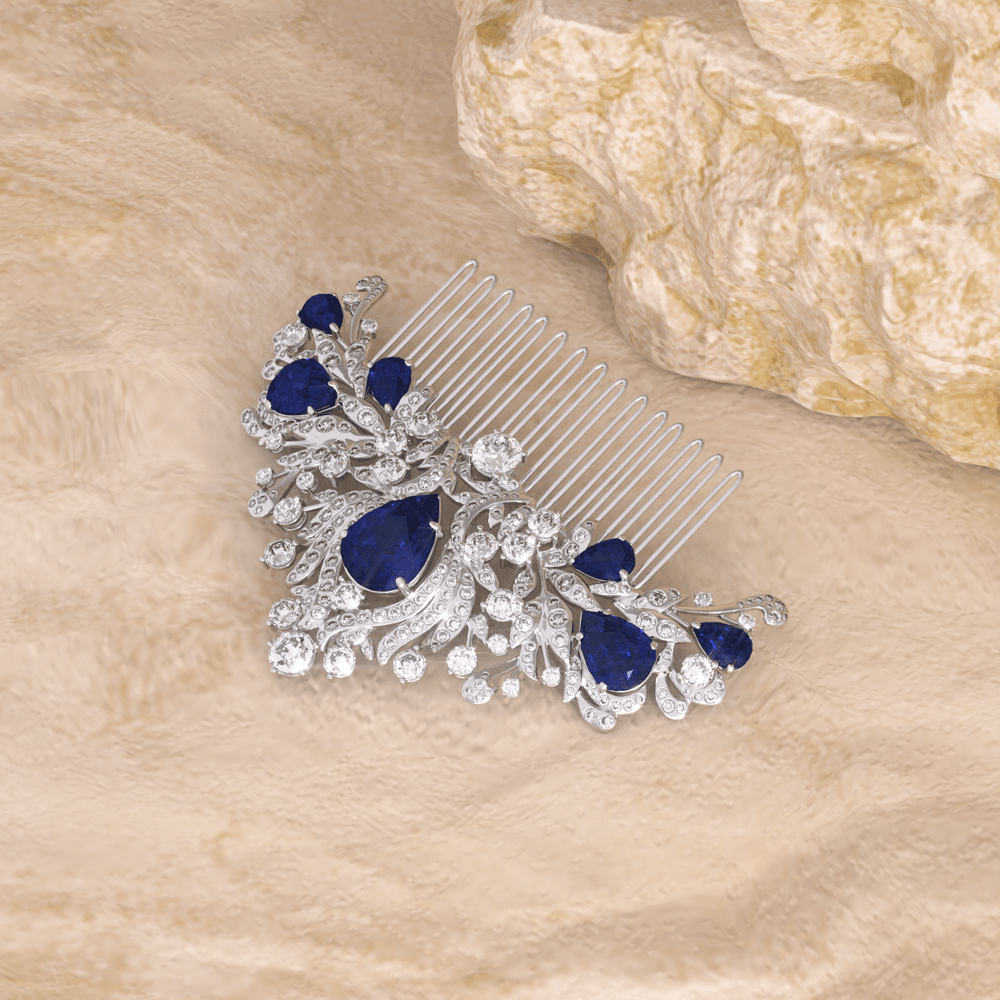 14K White Gold Pear Lab Sapphire and Round Lab Diamond Floral Crown Vintage Bridal Comb - FIORESE JEWELRY