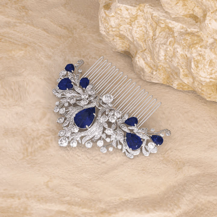 14K White Gold Pear Lab Sapphire and Round Lab Diamond Floral Crown Vintage Bridal Comb - FIORESE JEWELRY