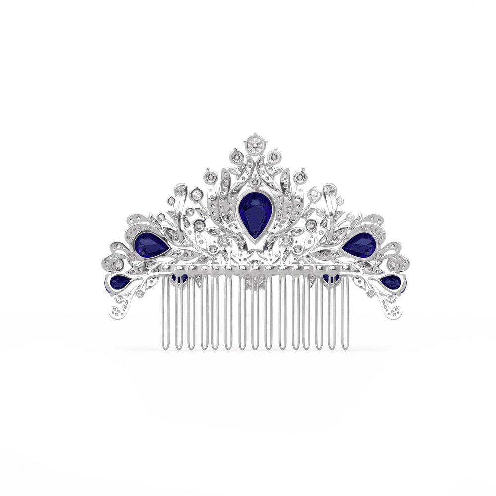 14K White Gold Pear Lab Sapphire and Round Lab Diamond Floral Crown Vintage Bridal Comb - FIORESE JEWELRY