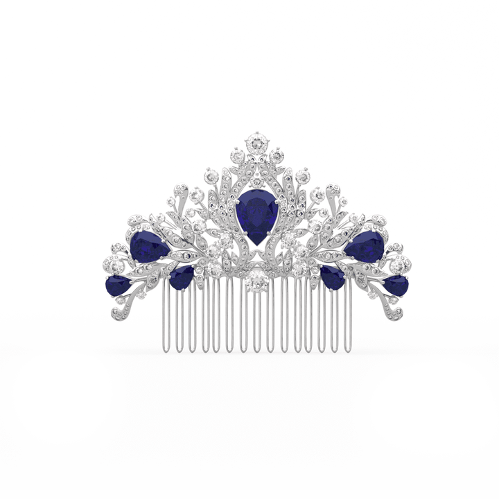 14K White Gold Pear Lab Sapphire and Round Lab Diamond Floral Crown Vintage Bridal Comb - FIORESE JEWELRY