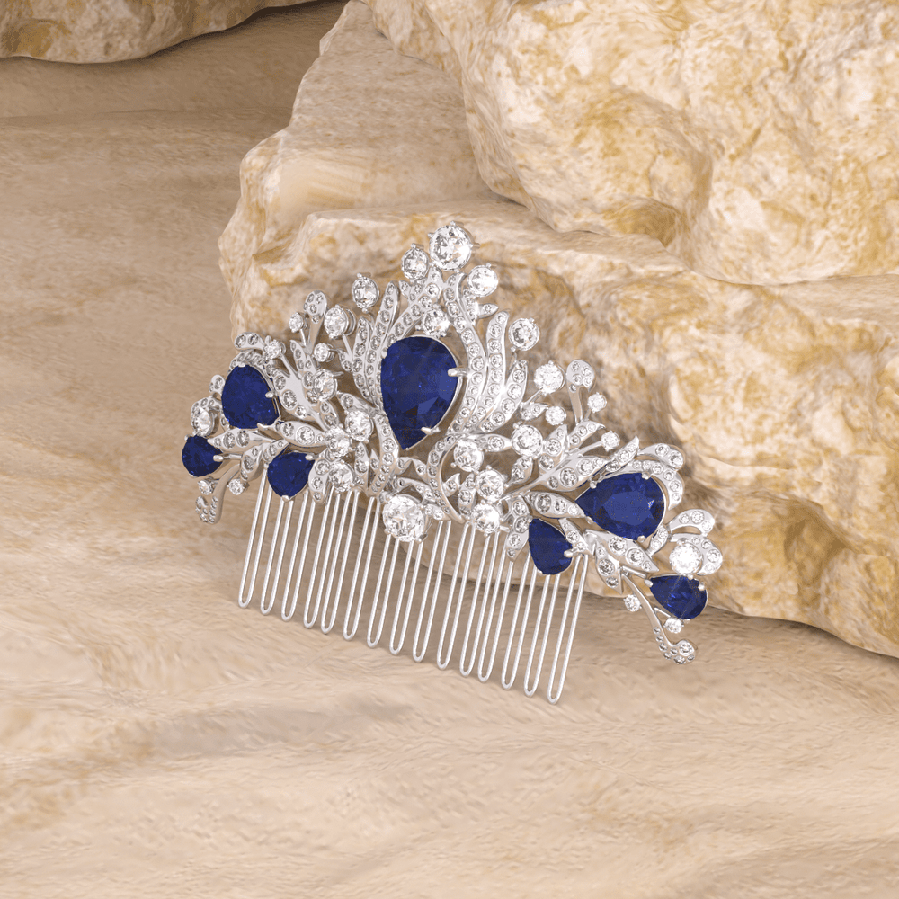 14K White Gold Pear Lab Sapphire and Round Lab Diamond Floral Crown Vintage Bridal Comb - FIORESE JEWELRY