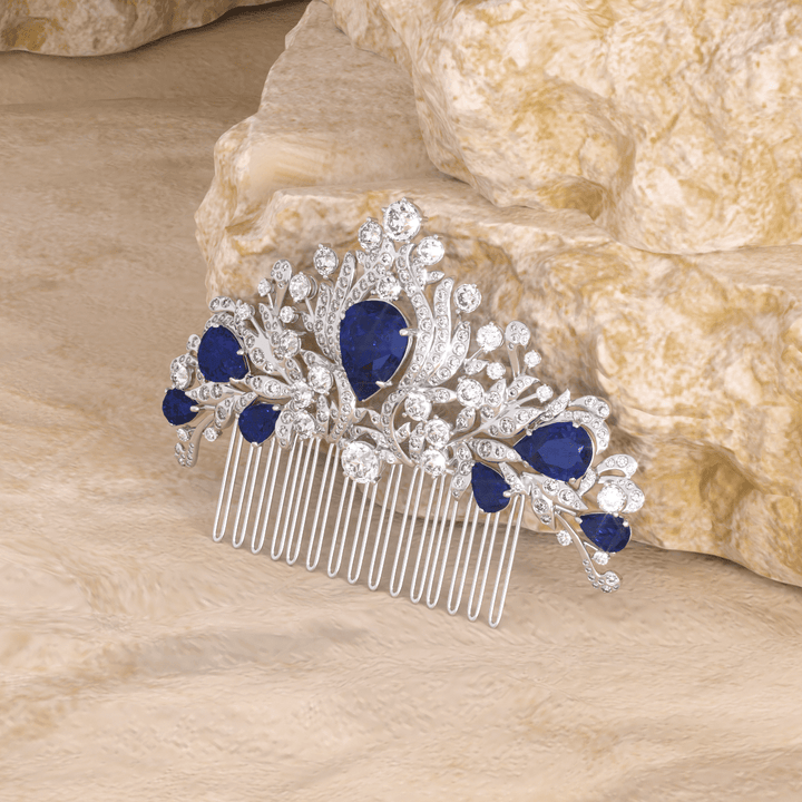 14K White Gold Pear Lab Sapphire and Round Lab Diamond Floral Crown Vintage Bridal Comb - FIORESE JEWELRY