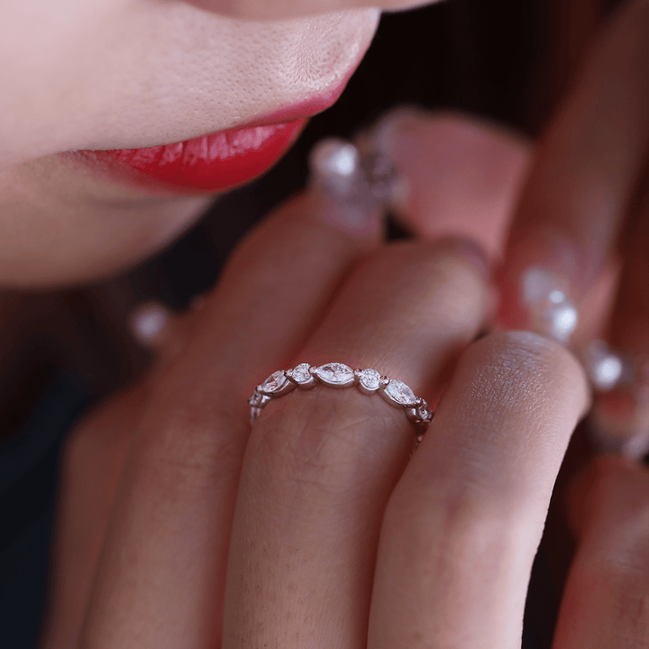 14K White Gold Round and Marquise Cut Lab Diamond Share - prong Setting Eternity Ring - FIORESE JEWELRY