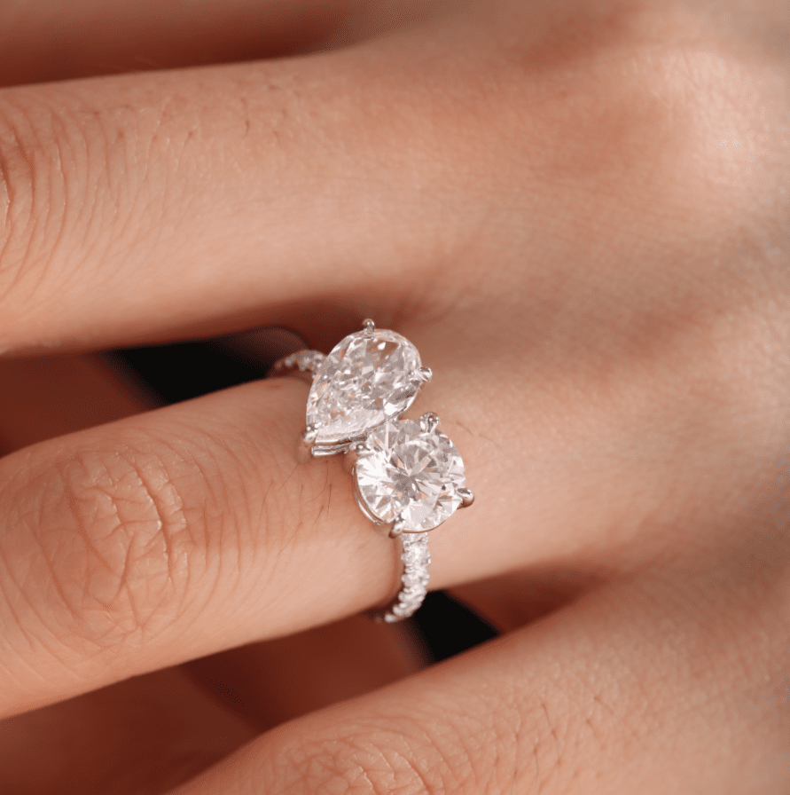 14K White Gold Round and Pear Lab Diamond Toi et Moi Ring with Pave Design - FIORESE JEWELRY