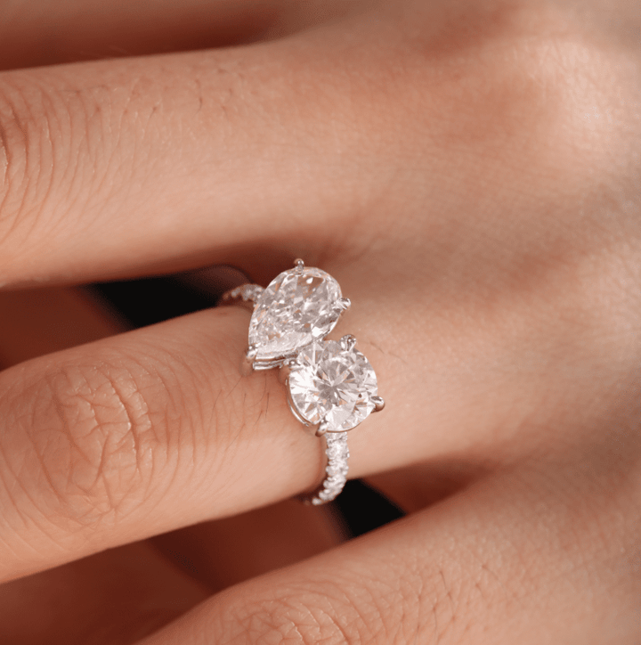 14K White Gold Round and Pear Lab Diamond Toi et Moi Ring with Pave Design - FIORESE JEWELRY