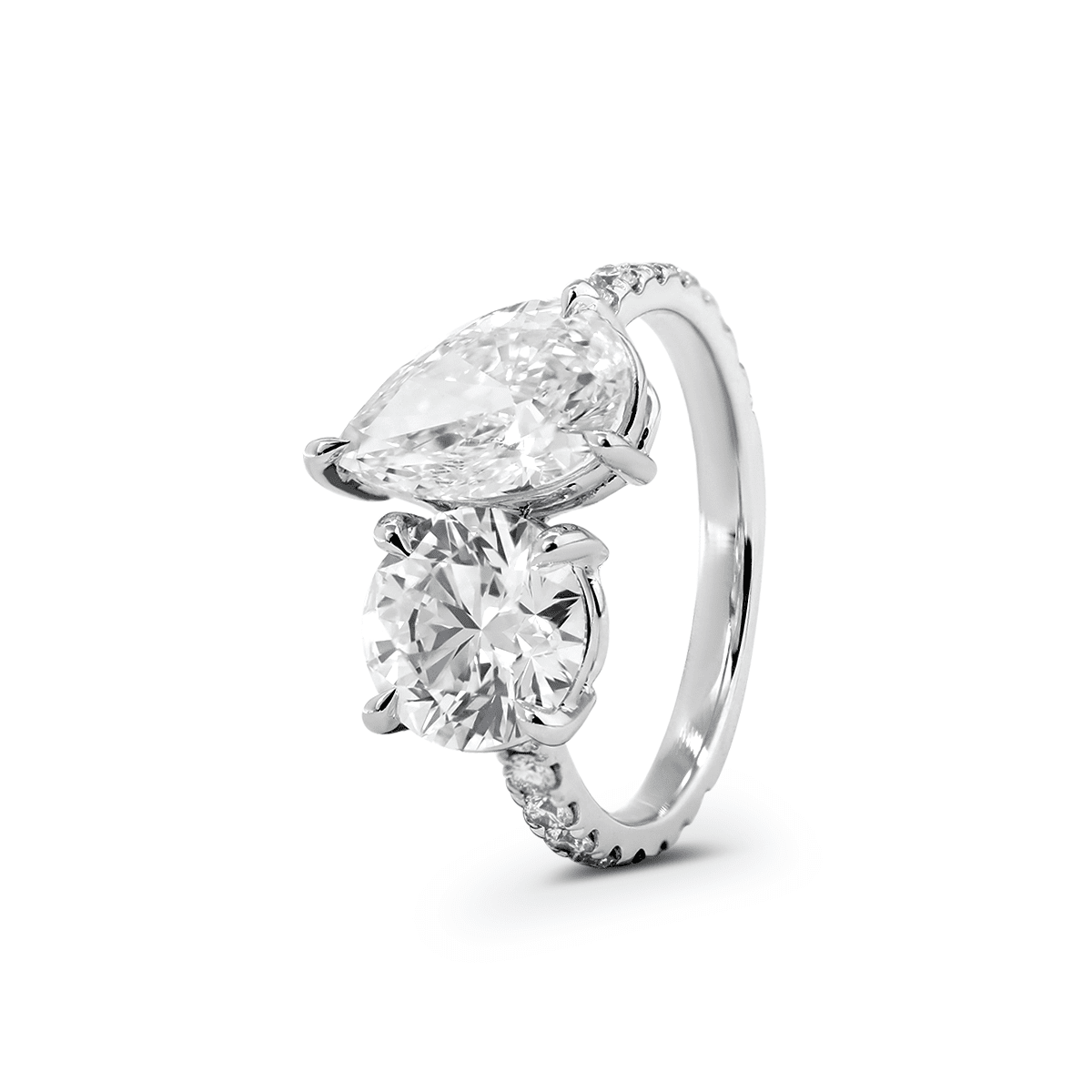 14K White Gold Round and Pear Lab Diamond Toi et Moi Ring with Pave Design