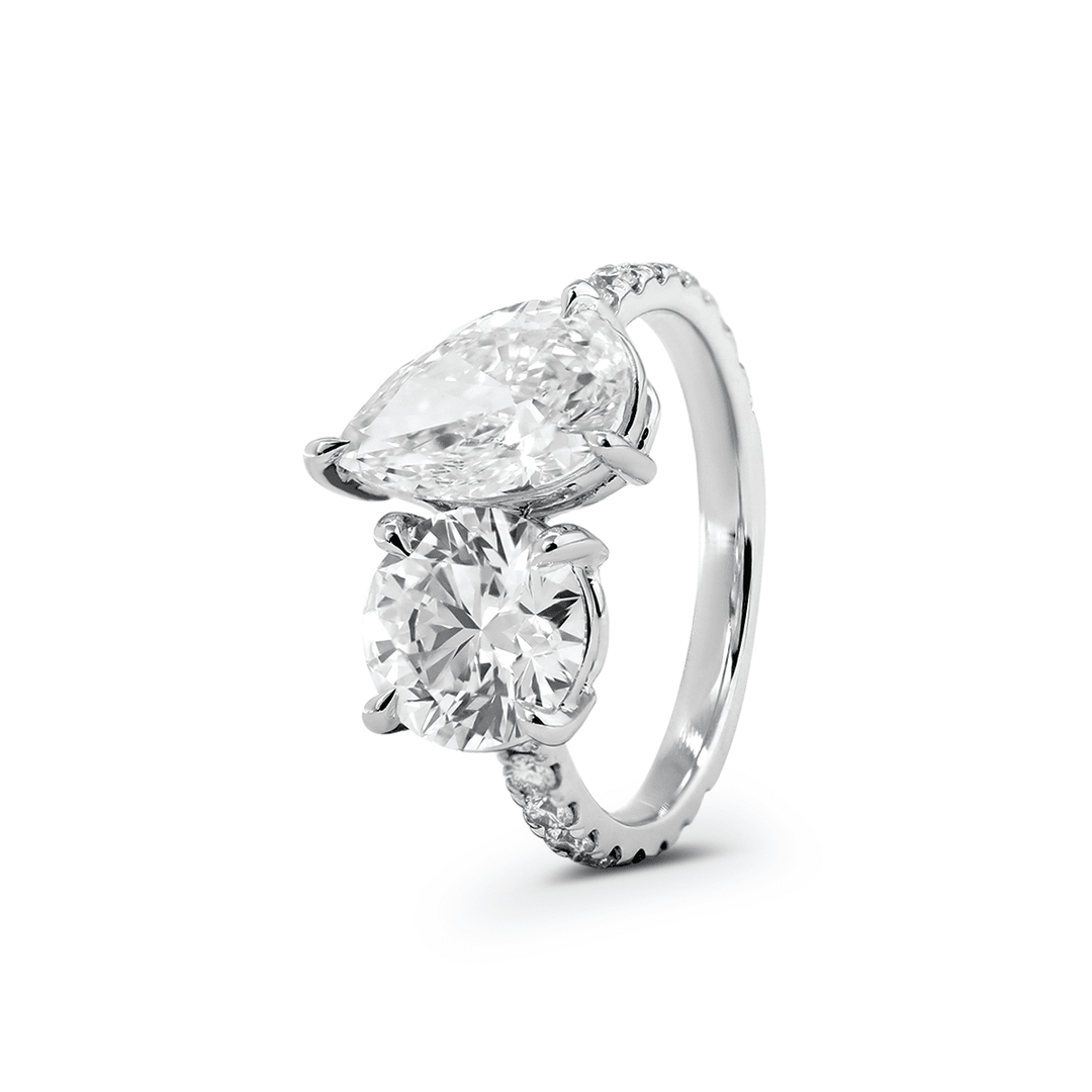 14K White Gold Round and Pear Lab Diamond Toi et Moi Ring with Pave Design - FIORESE JEWELRY