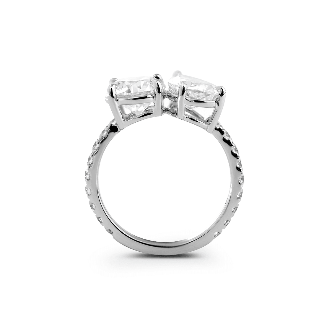 14K White Gold Round and Pear Lab Diamond Toi et Moi Ring with Pave Design - FIORESE JEWELRY