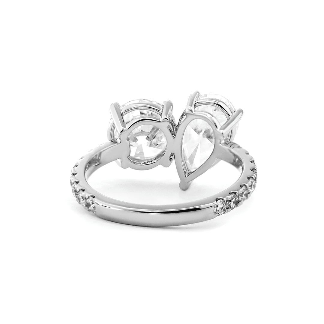 14K White Gold Round and Pear Lab Diamond Toi et Moi Ring with Pave Design - FIORESE JEWELRY