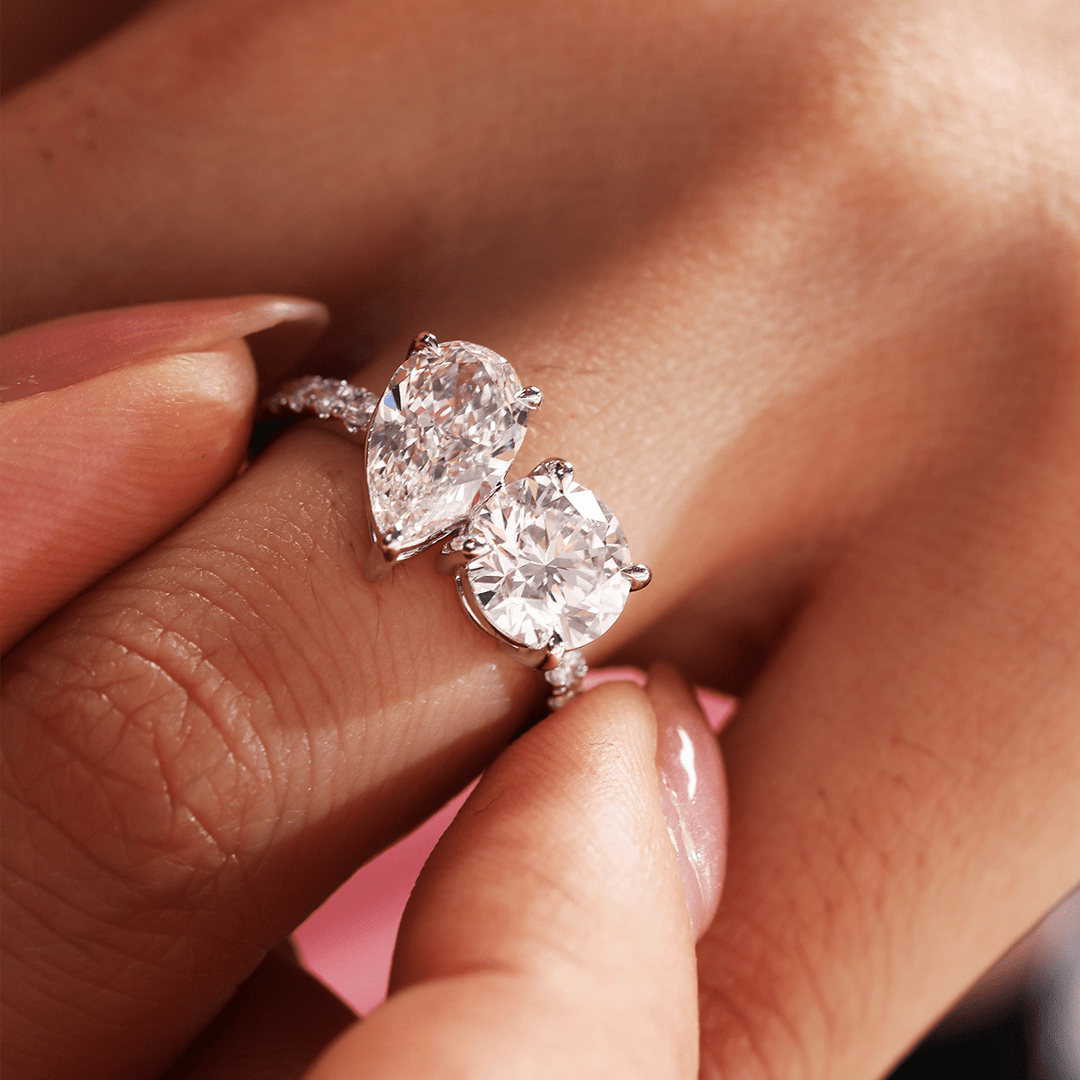 14K White Gold Round and Pear Lab Diamond Toi et Moi Ring with Pave Design - FIORESE JEWELRY